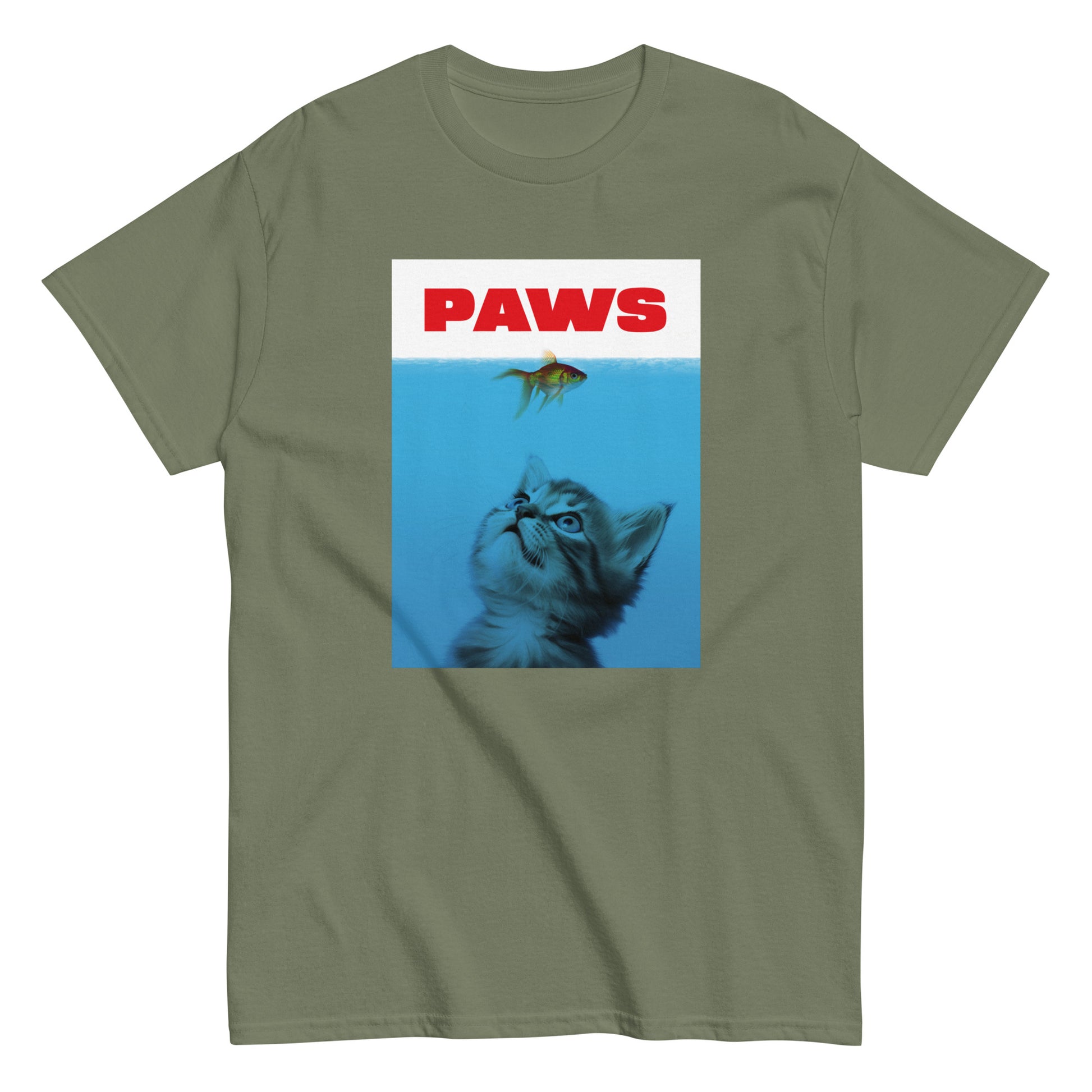 The Paws T-Shirt by FunnyDripStore features a kitten underwater eyeing a goldfish, with PAWS in bold red— a humorous meme shirt parodying the classic Jaws poster.