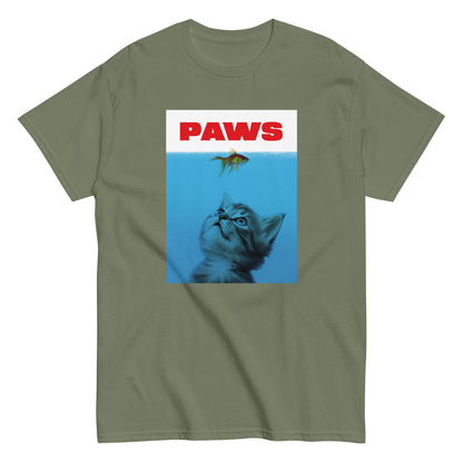 The Paws T-Shirt by FunnyDripStore features a kitten underwater eyeing a goldfish, with PAWS in bold red— a humorous meme shirt parodying the classic Jaws poster.