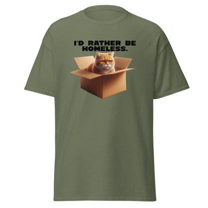 The Id Rather Be Homeless T-Shirt by FunnyDripStore features a grumpy orange cat in a box on a gold tee—perfect quirky merch for cat lovers and fans of clever text shirts.