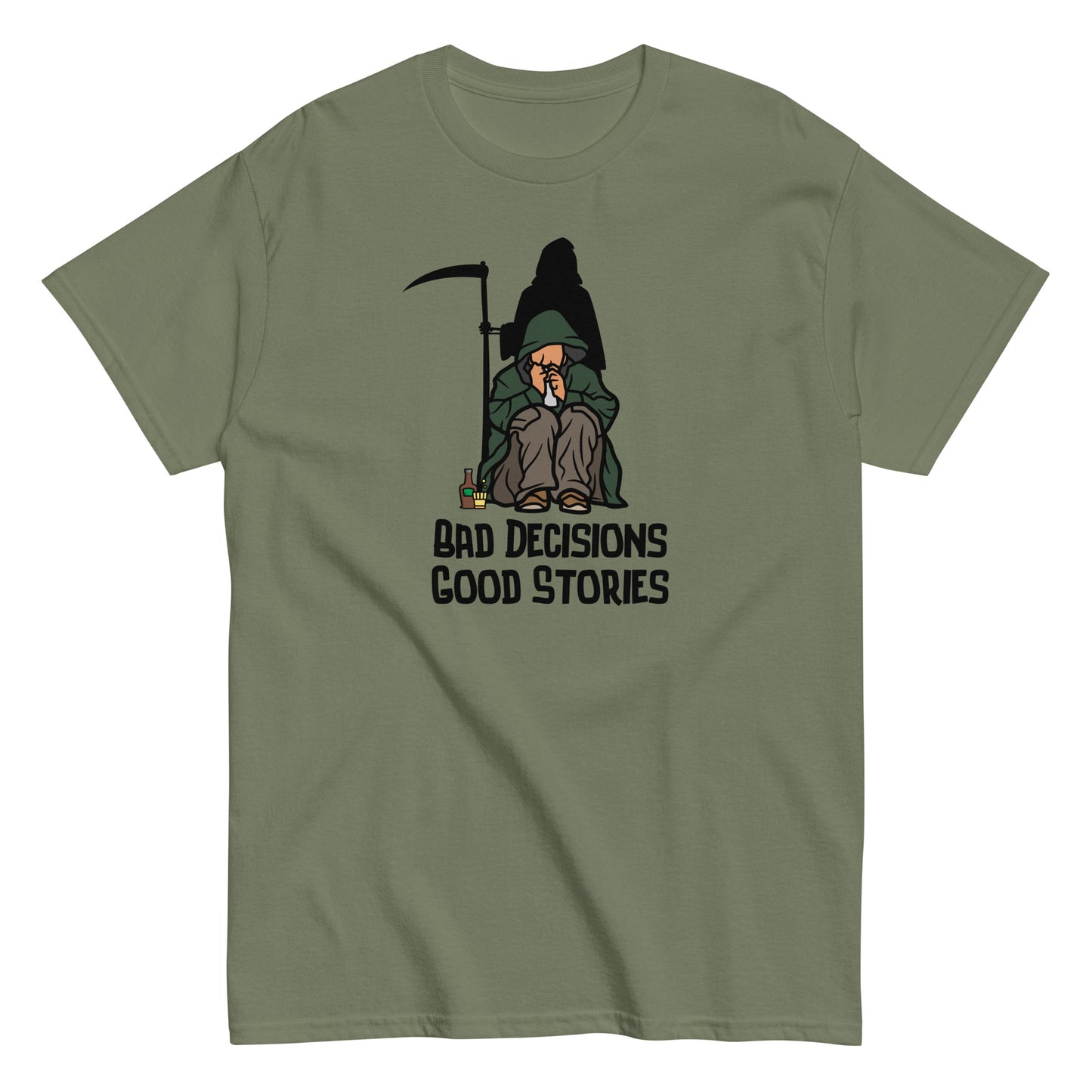 The FunnyDripStore Bad Decisions Good Stories T-Shirt is a white tee featuring a cartoon Grim Reaper with a drink and cigarette, plus bold text—perfect for fans of witty and funny style.