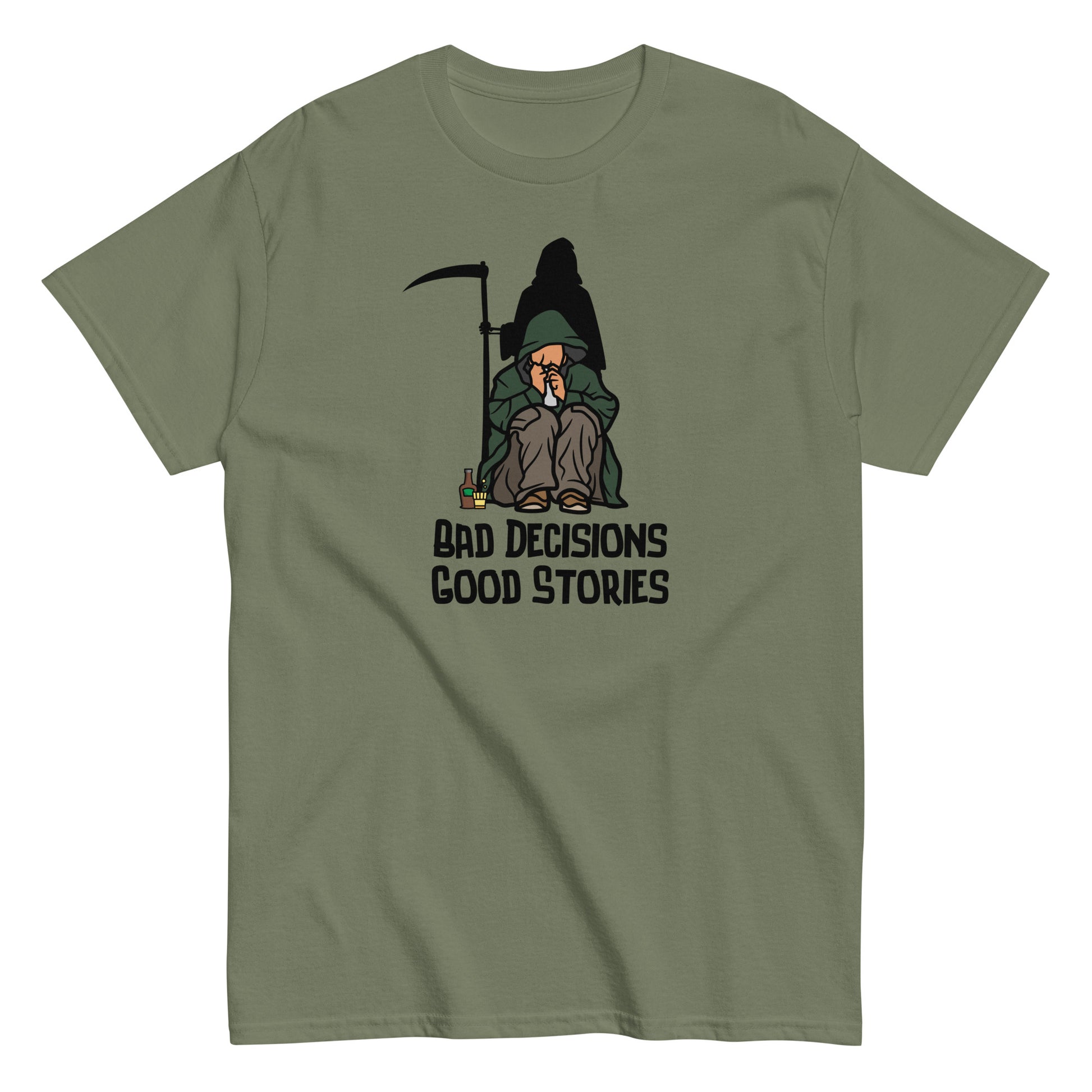 The FunnyDripStore Bad Decisions Good Stories T-Shirt is a white tee featuring a cartoon Grim Reaper with a drink and cigarette, plus bold text—perfect for fans of witty and funny style.