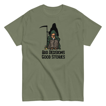The FunnyDripStore Bad Decisions Good Stories T-Shirt is a white tee featuring a cartoon Grim Reaper with a drink and cigarette, plus bold text—perfect for fans of witty and funny style.