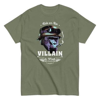 The Villain T-Shirt by FunnyDripStore features a gorilla in a helmet and goggles, smoking a cigarette, with Ride or Die above and Villain on Wheels below. This bold black tee is perfect for fans of unique, funny clothing.