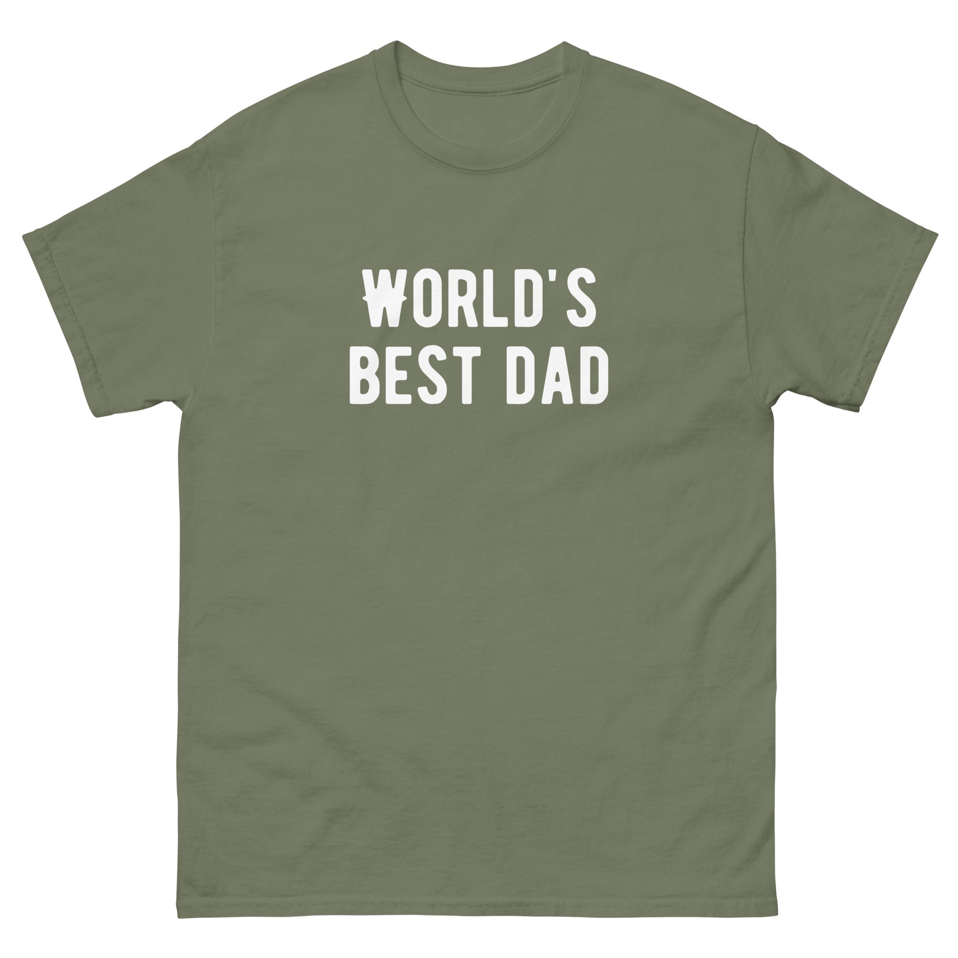 The FunnyDripStore Worlds Best Dad T-Shirt in navy features WORLDS BEST DAD in bold white letters, with the W styled as a mustache—a funny, unique gift for dads who love humorous clothing.