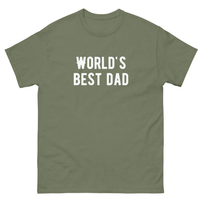 The FunnyDripStore Worlds Best Dad T-Shirt in navy features WORLDS BEST DAD in bold white letters, with the W styled as a mustache—a funny, unique gift for dads who love humorous clothing.