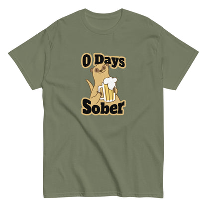 The 0 Days Sober T-Shirt by FunnyDripStore features a cartoon meerkat with a beer mug and bold 0 Days Sober text, printed on a navy shirt—ideal quirky, funny clothing for fans of humorous style.