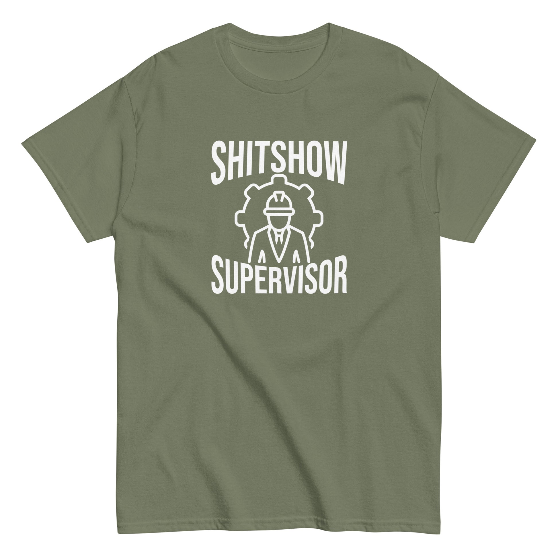 The Shitshow Supervisor T-Shirt by FunnyDripStore features “SHITSHOW SUPERVISOR” in white and a supervisor line drawing—perfect funny merch for meme lovers seeking humor tees.