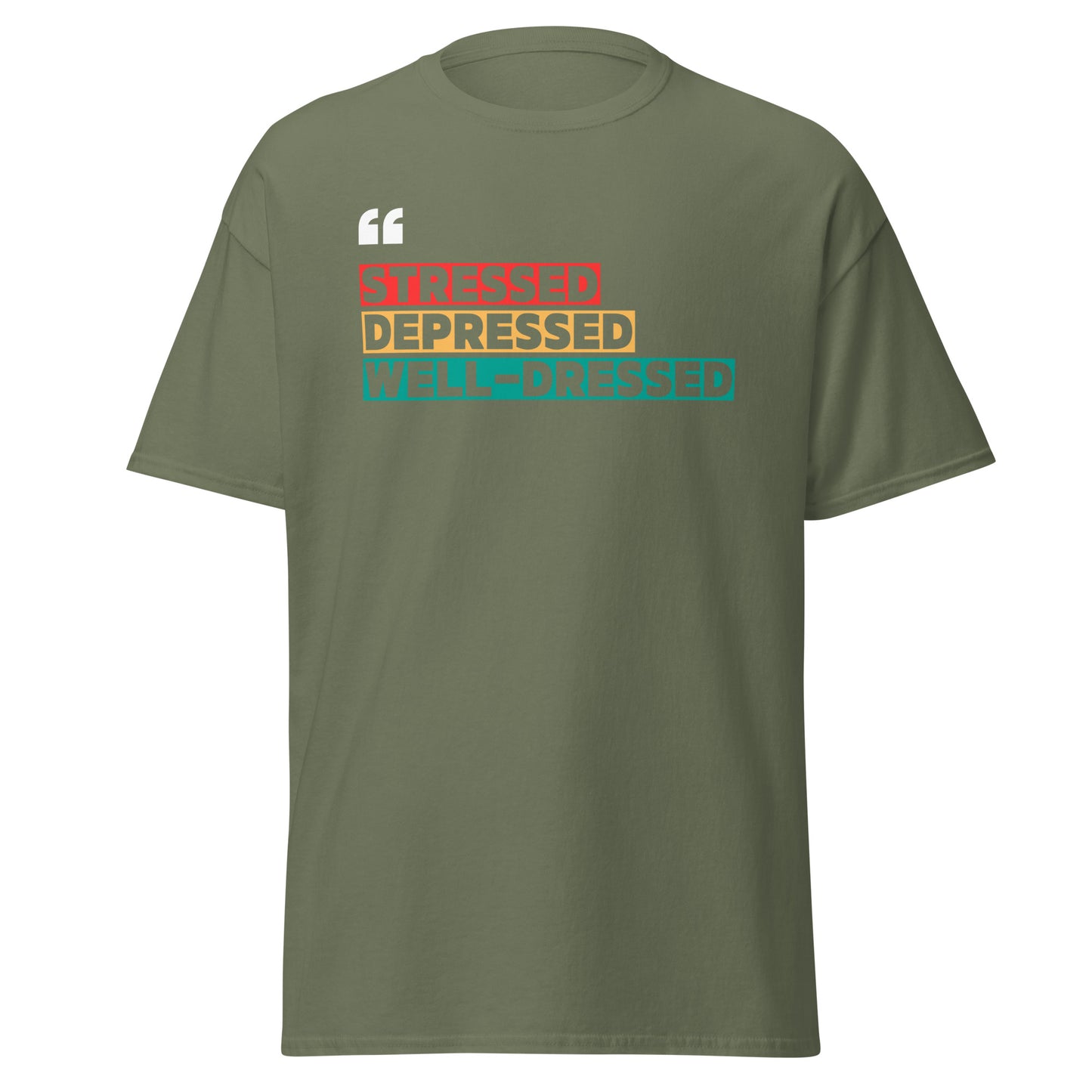 The Stressed T-Shirt by FunnyDripStore is a black tee featuring STRESSED in red, DEPRESSED in orange, and WELL-DRESSED in teal rectangles plus white quotation marks—a clever, funny choice for relatable style.
