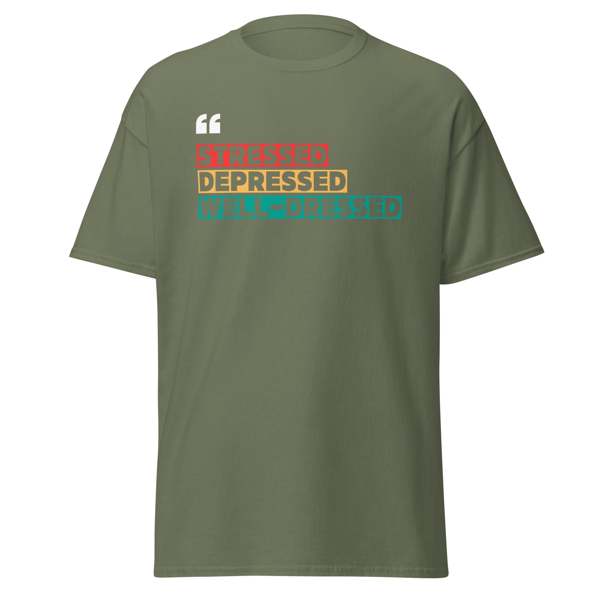 The Stressed T-Shirt by FunnyDripStore is a black tee featuring STRESSED in red, DEPRESSED in orange, and WELL-DRESSED in teal rectangles plus white quotation marks—a clever, funny choice for relatable style.