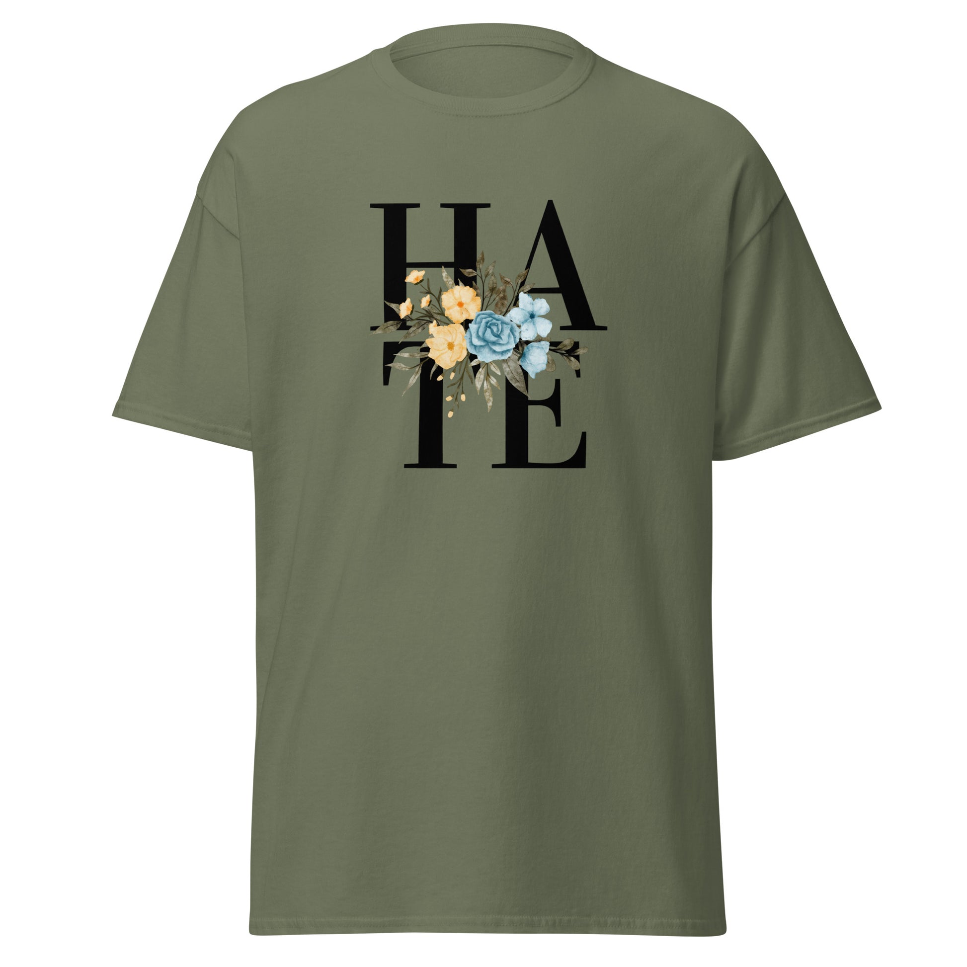 The Hate T-Shirt by FunnyDripStore features HATE in bold black text on white, overlaid with yellow and blue flowers plus green leaves—a unique, funny shirt designed to spark conversation.