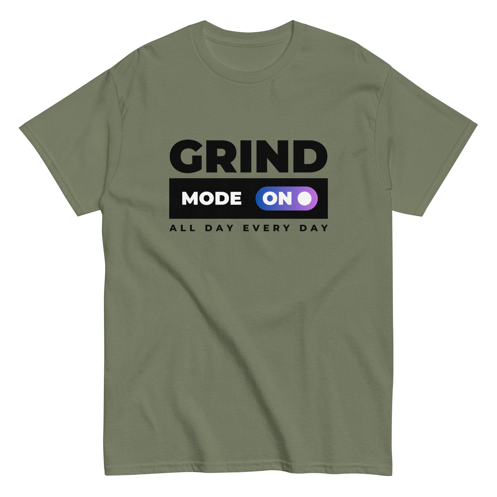The Grind Mode On T-Shirt by FunnyDripStore features bold black GRIND MODE text with a purple ON switch icon on white. Below, ALL DAY EVERY DAY appears in smaller black text—a fun pick for nonstop hustlers.