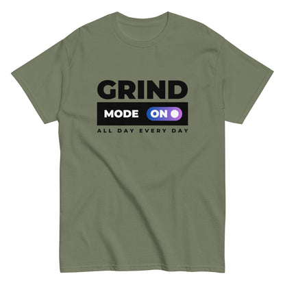 The Grind Mode On T-Shirt by FunnyDripStore features bold black GRIND MODE text with a purple ON switch icon on white. Below, ALL DAY EVERY DAY appears in smaller black text—a fun pick for nonstop hustlers.