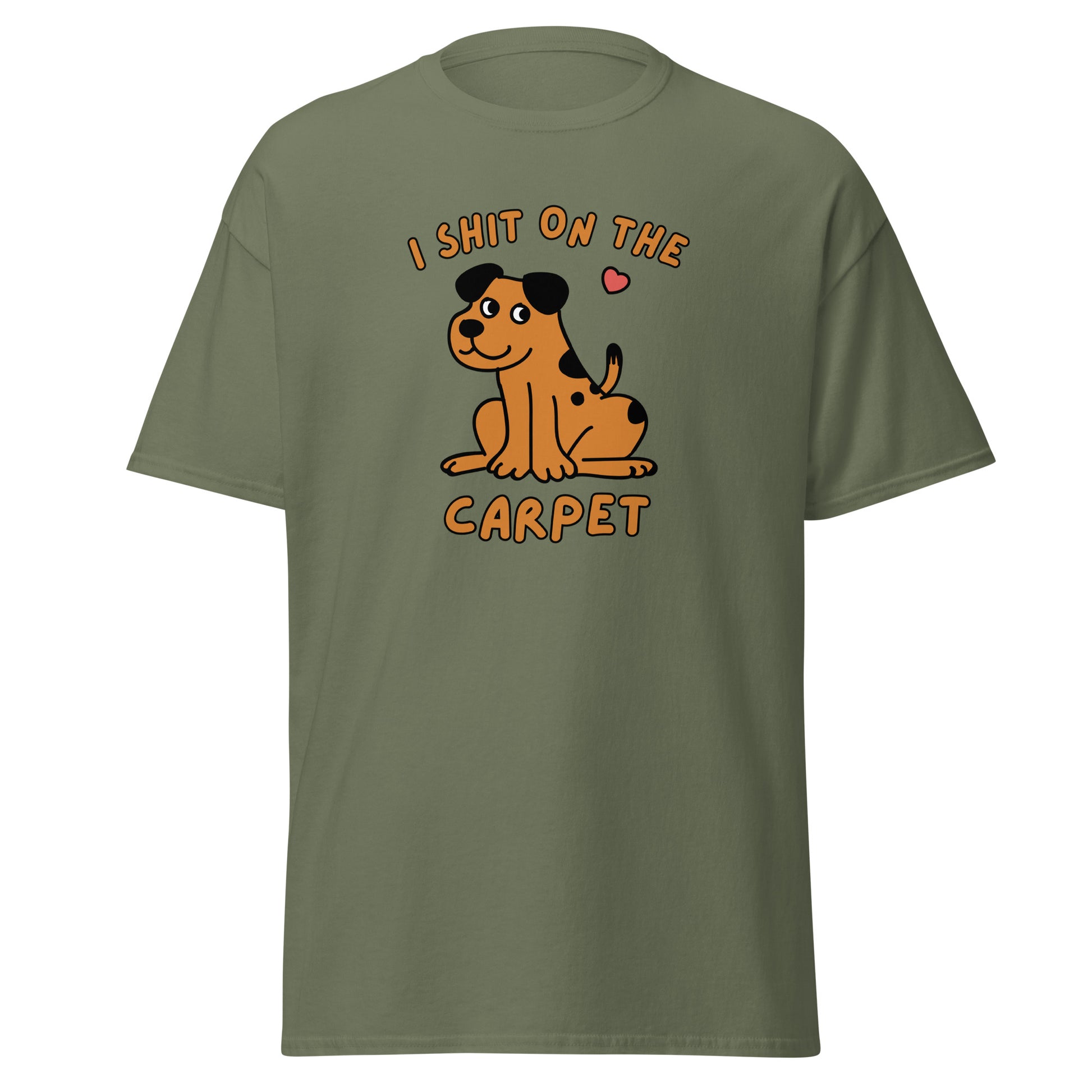 The I Shit On The Carpet T-Shirt by FunnyDripStore is a black tee featuring a cartoon dog with a pink heart overhead and bold orange I SHIT ON THE CARPET text above and below the image.