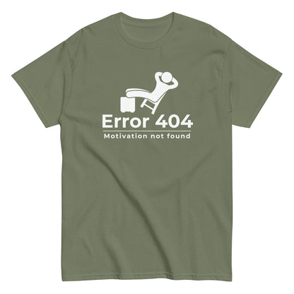 The FunnyDripStore Error 404 T-Shirt in black features a graphic of a relaxed person and the “Motivation not found” caption—perfect for showing off your laid-back mood with humor.