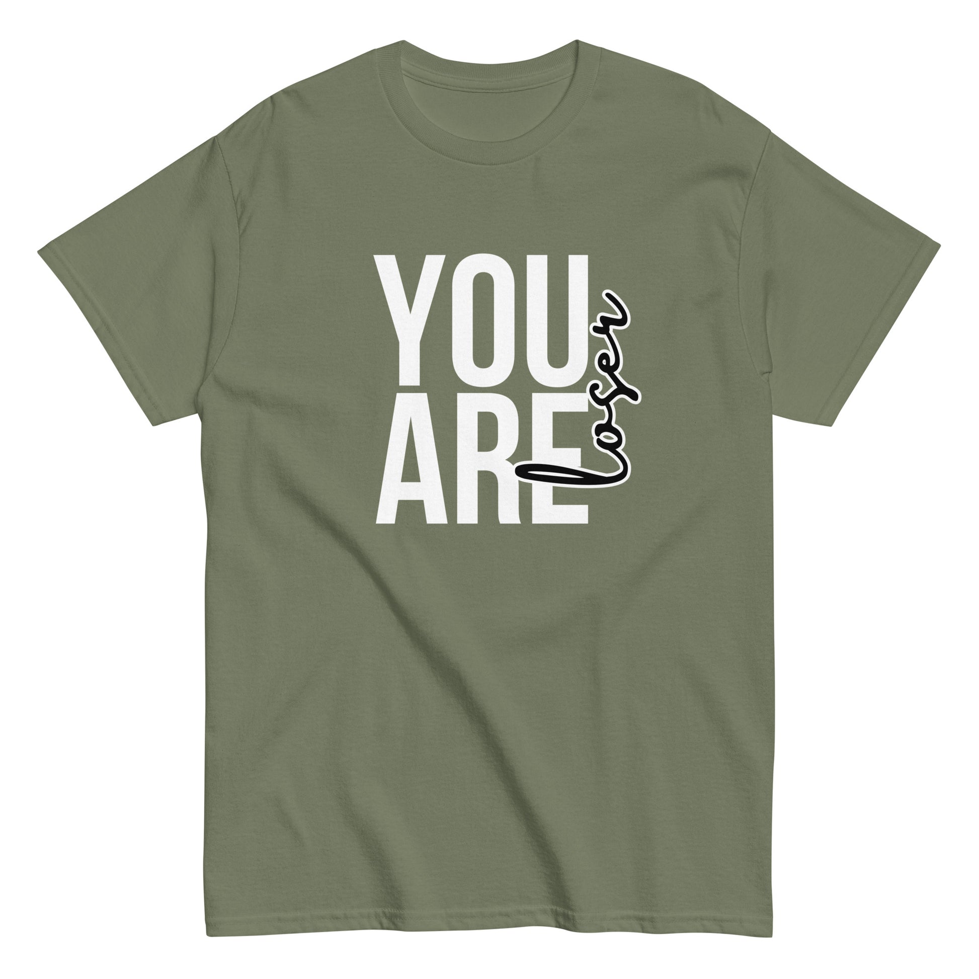The black “You Are Loser T-Shirt” by FunnyDripStore features bold white YOU ARE text with “loser” in playful cursive overlapping—a cheeky, uplifting take on classic funny tees.