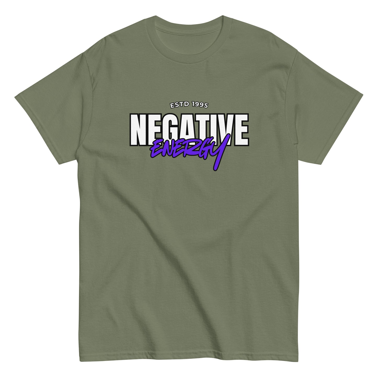 The Negative Energy T-Shirt by FunnyDripStore is a white tee featuring bold black and purple ESTD 1996 NEGATIVE ENERGY lettering—perfect for fans of witty, playful merch.