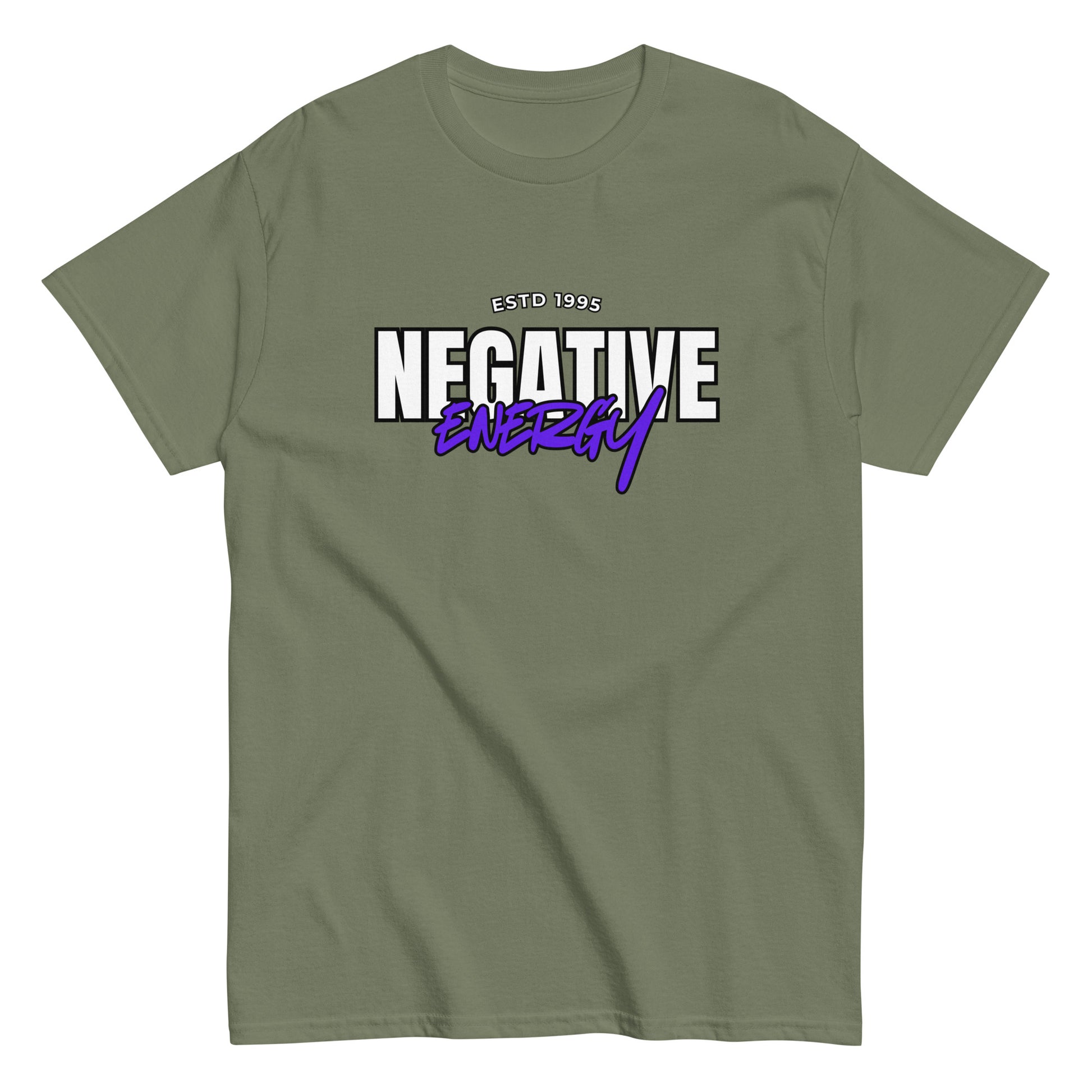The Negative Energy T-Shirt by FunnyDripStore is a white tee featuring bold black and purple ESTD 1996 NEGATIVE ENERGY lettering—perfect for fans of witty, playful merch.