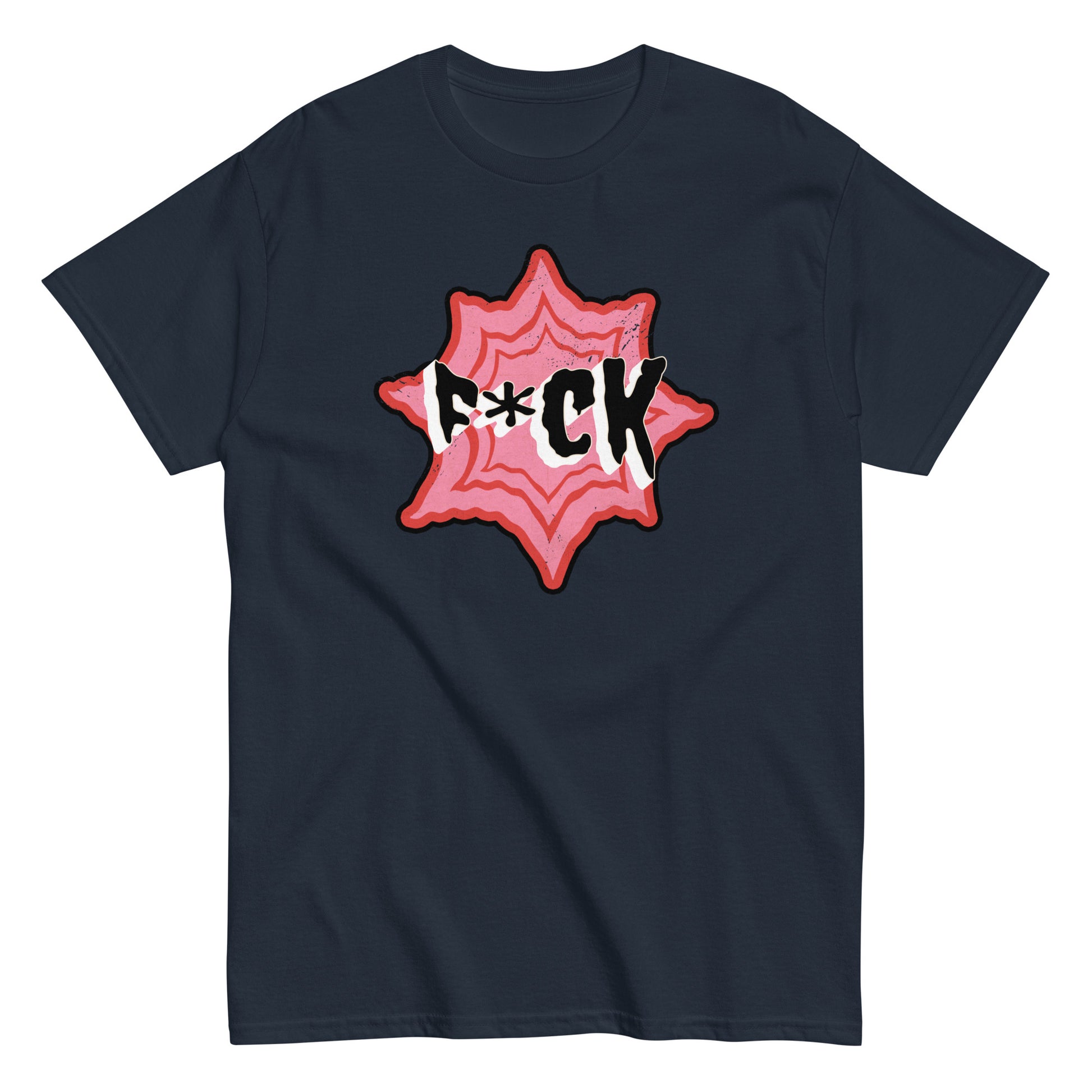 The F*ck T-Shirt by FunnyDripStore is a black tee with F*CK in bold black and white letters, a red asterisk as the U, all centered in a jagged red and pink starburst—a standout funny merch item.