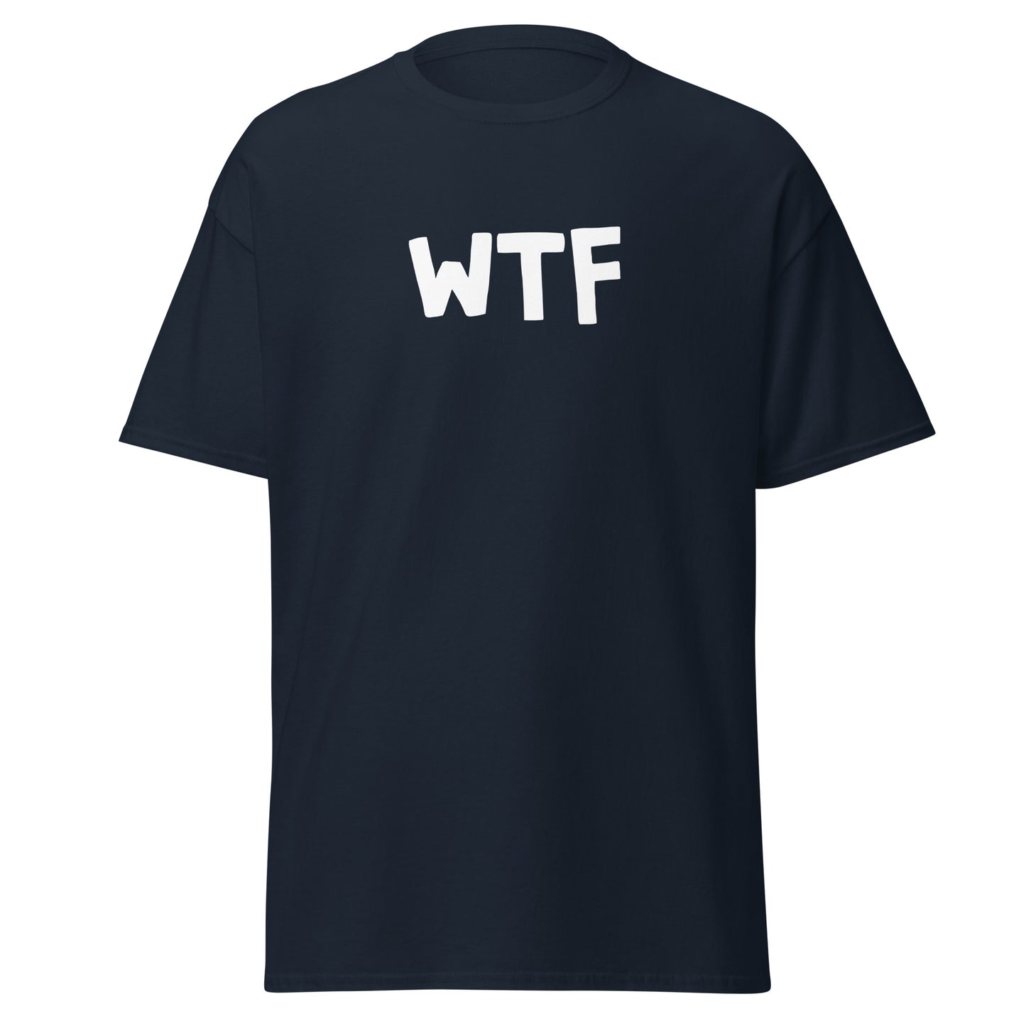 The WTF T-Shirt by FunnyDripStore is a black meme tee with bold, white, cartoon-style WTF lettering—ideal for anyone who loves wearing a funny t-shirt with attitude.
