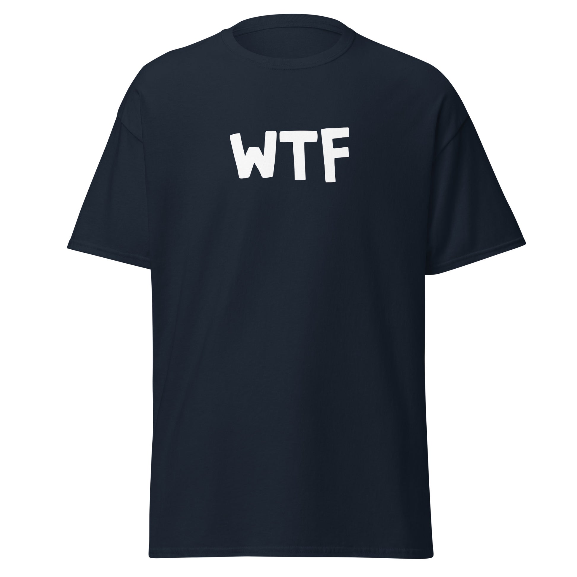 The WTF T-Shirt by FunnyDripStore is a black meme tee with bold, white, cartoon-style WTF lettering—ideal for anyone who loves wearing a funny t-shirt with attitude.