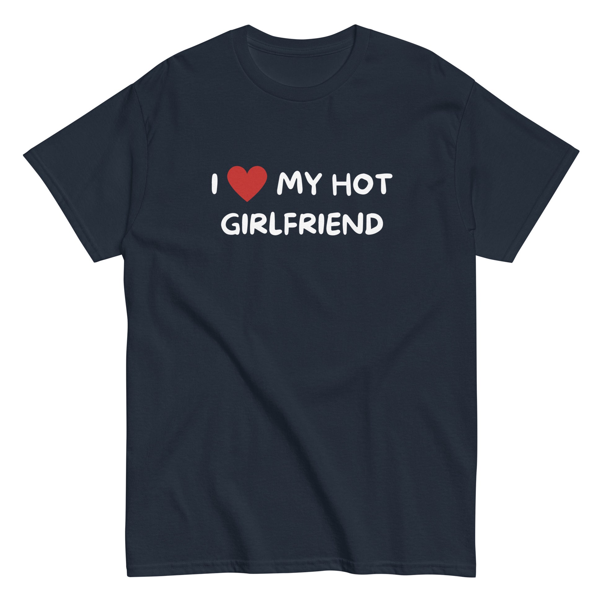 The I Love My Hot Girlfriend T-Shirt by FunnyDripStore features bold white lettering and a red heart on a purple shirt—a fun, standout choice for anyone who loves quirky and eye-catching clothing.