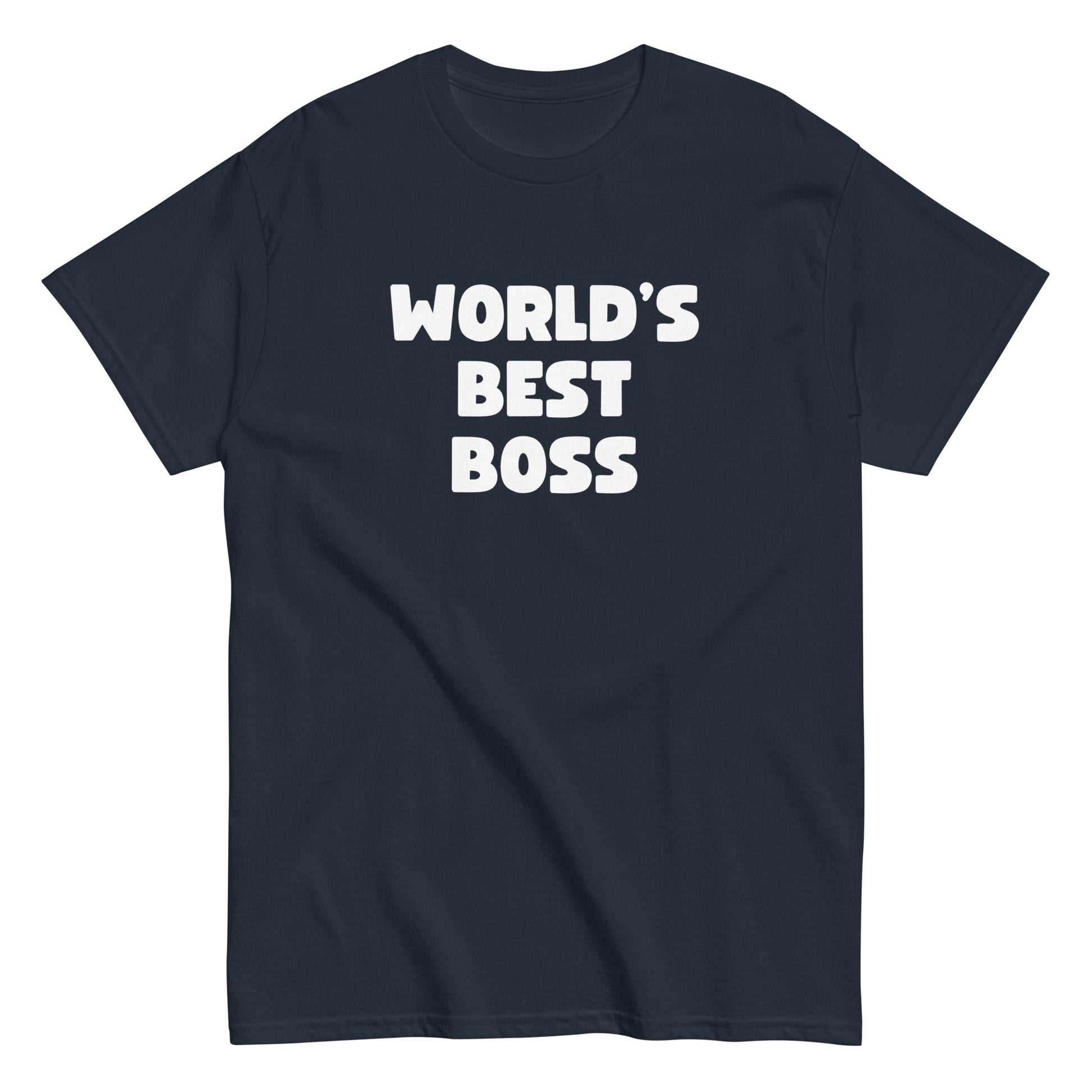 The Worlds Best Boss T-Shirt by FunnyDripStore features bold, white playful lettering on black—perfect as a funny shirt and must-have merch for fans of humorous style.