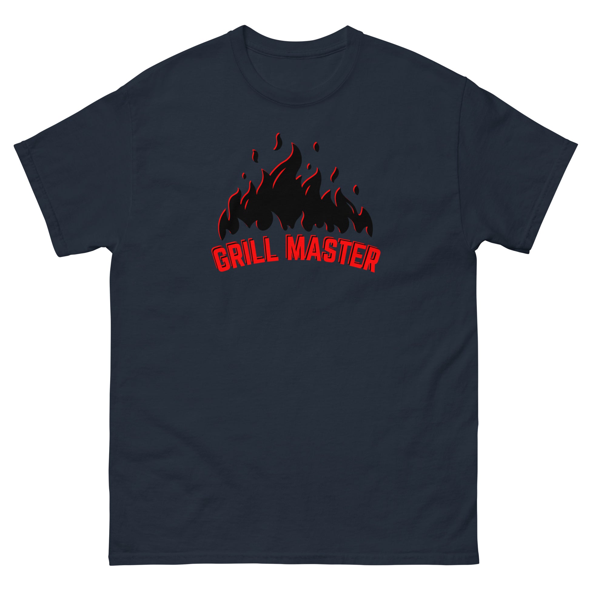 The Grill Master T-Shirt by FunnyDripStore: a yellow tee with black flames above bold red GRILL MASTER text—funny merch perfect for any BBQ lover.