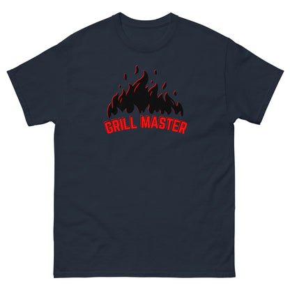 The Grill Master T-Shirt by FunnyDripStore: a yellow tee with black flames above bold red GRILL MASTER text—funny merch perfect for any BBQ lover.