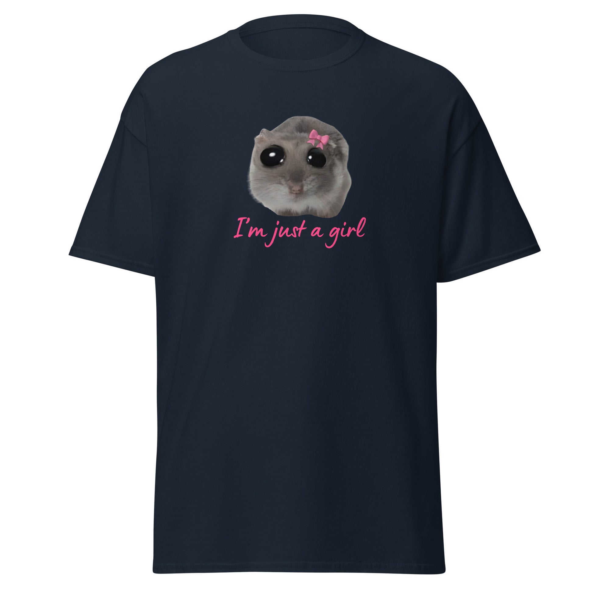 The Im Just A Girl T-Shirt from FunnyDripStore features a cute hamster with a pink bow and large eyes, plus “Im just a girl” in pink cursive—perfect for anyone who loves adorable, quirky text shirts.