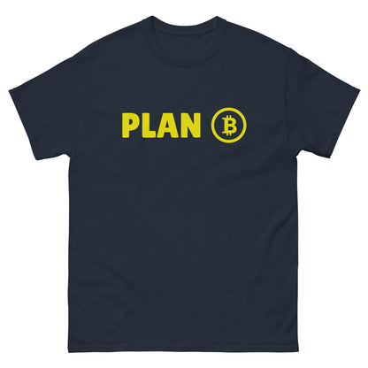 The Plan B T-Shirt from FunnyDripStore features PLAN in bold yellow letters and a yellow Bitcoin symbol inside a circle on the chest—a fun meme shirt perfect for fans of funny clothing.