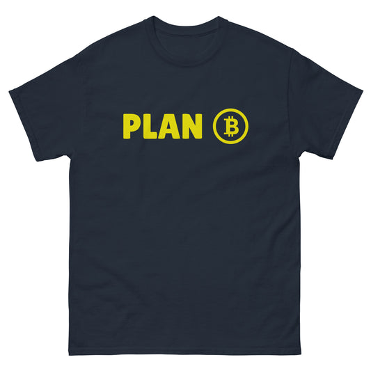 The Plan B T-Shirt from FunnyDripStore features PLAN in bold yellow letters and a yellow Bitcoin symbol inside a circle on the chest—a fun meme shirt perfect for fans of funny clothing.