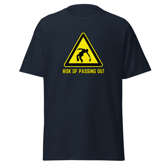 The Risk Of Passing Out T-Shirt by FunnyDripStore is a black tee with a yellow warning sign and “RISK OF PASSING OUT” text—a perfect meme shirt for fans of bold, humorous style.