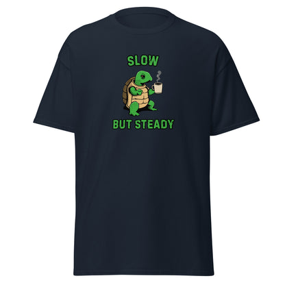 The FunnyDripStore Slow But Steady T-Shirt is a black tee with a cartoon turtle holding a coffee mug and SLOW above and BUT STEADY below in green—perfect meme shirt for coffee lovers.