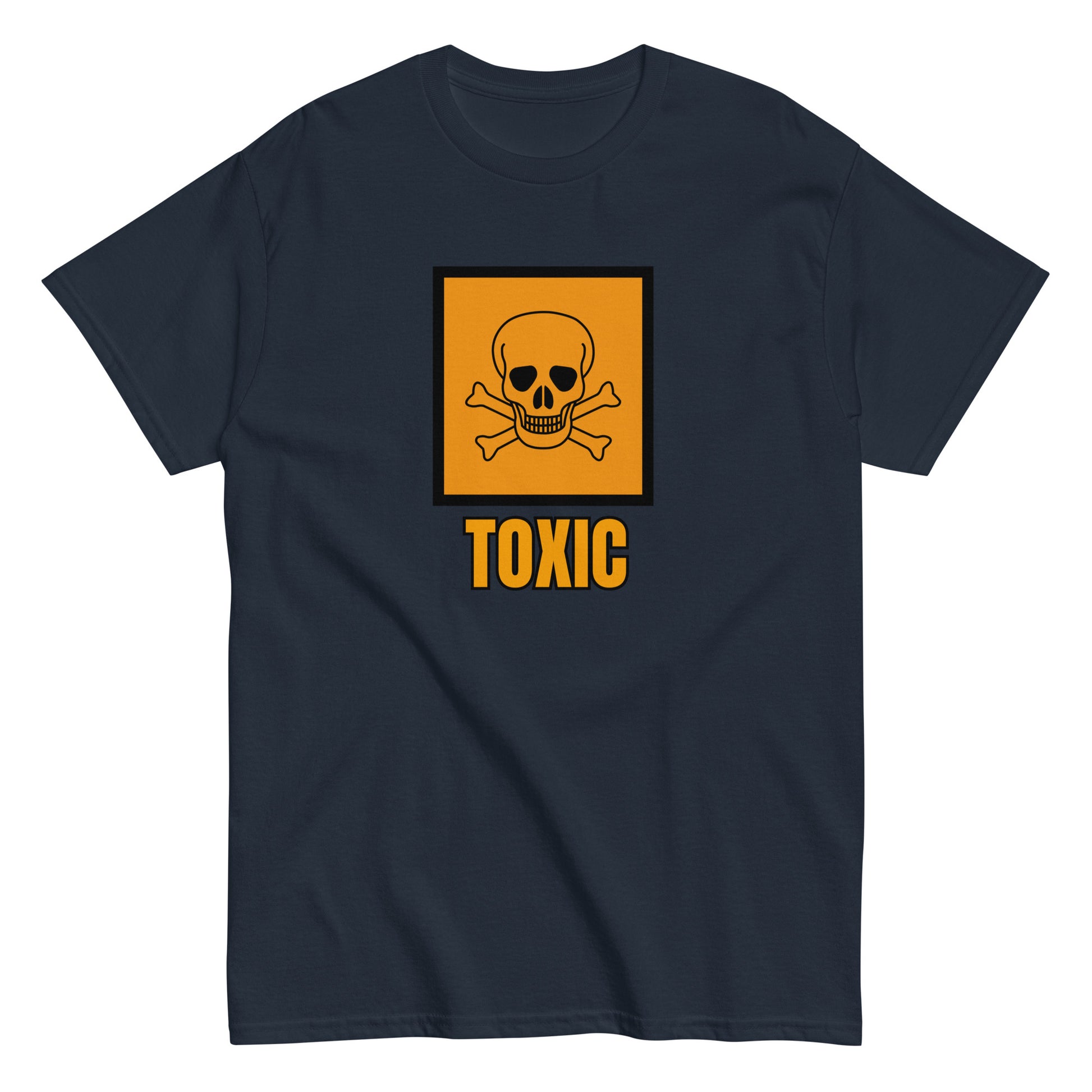 The FunnyDripStore Toxic T-Shirt features a bold yellow square with a black skull and crossbones above TOXIC in yellow on the front. This black meme shirt is perfect for those who love humorous clothing.