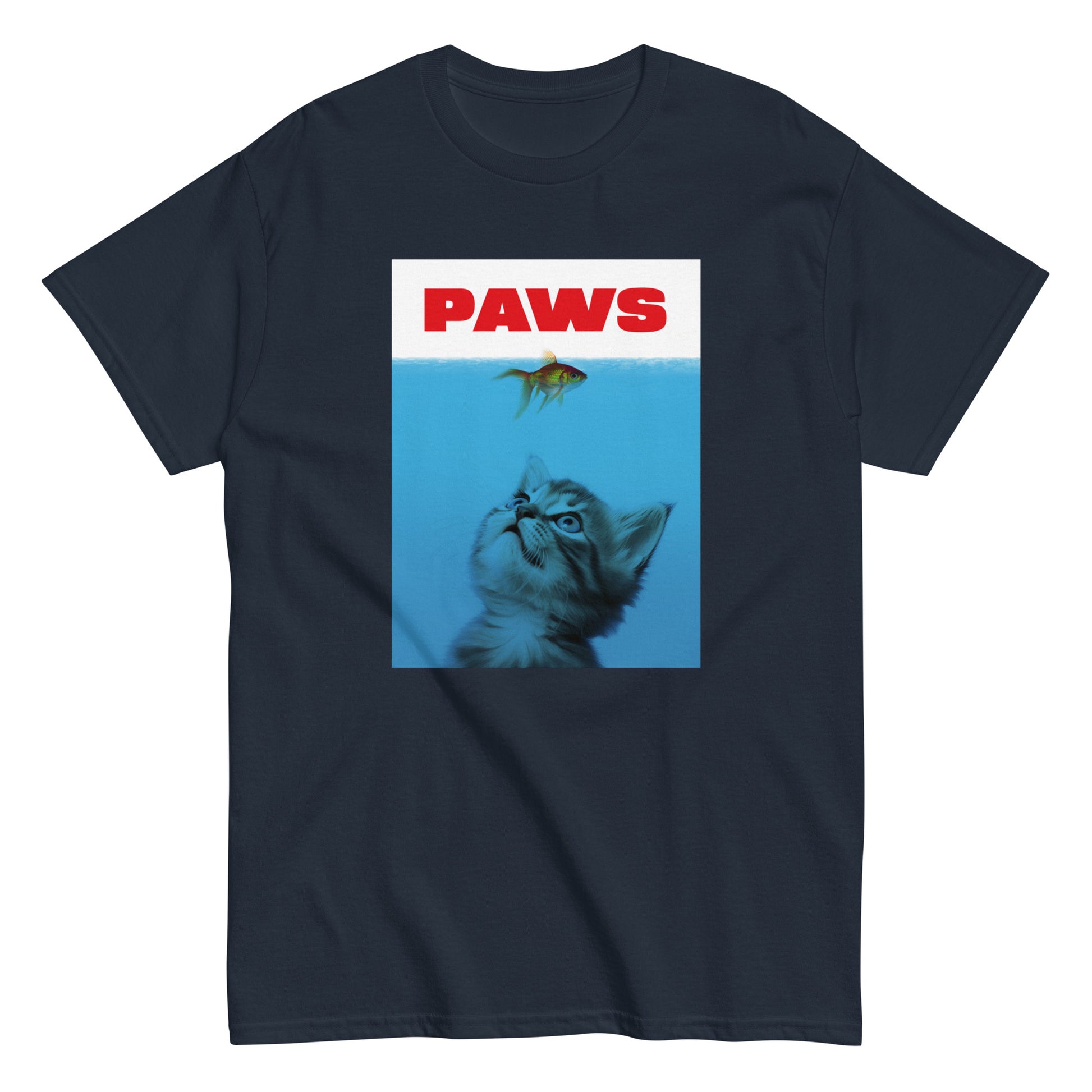 The Paws T-Shirt by FunnyDripStore features a kitten underwater eyeing a goldfish, with PAWS in bold red— a humorous meme shirt parodying the classic Jaws poster.