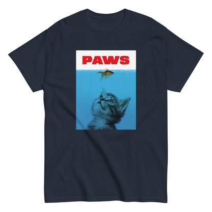 The Paws T-Shirt by FunnyDripStore features a kitten underwater eyeing a goldfish, with PAWS in bold red— a humorous meme shirt parodying the classic Jaws poster.