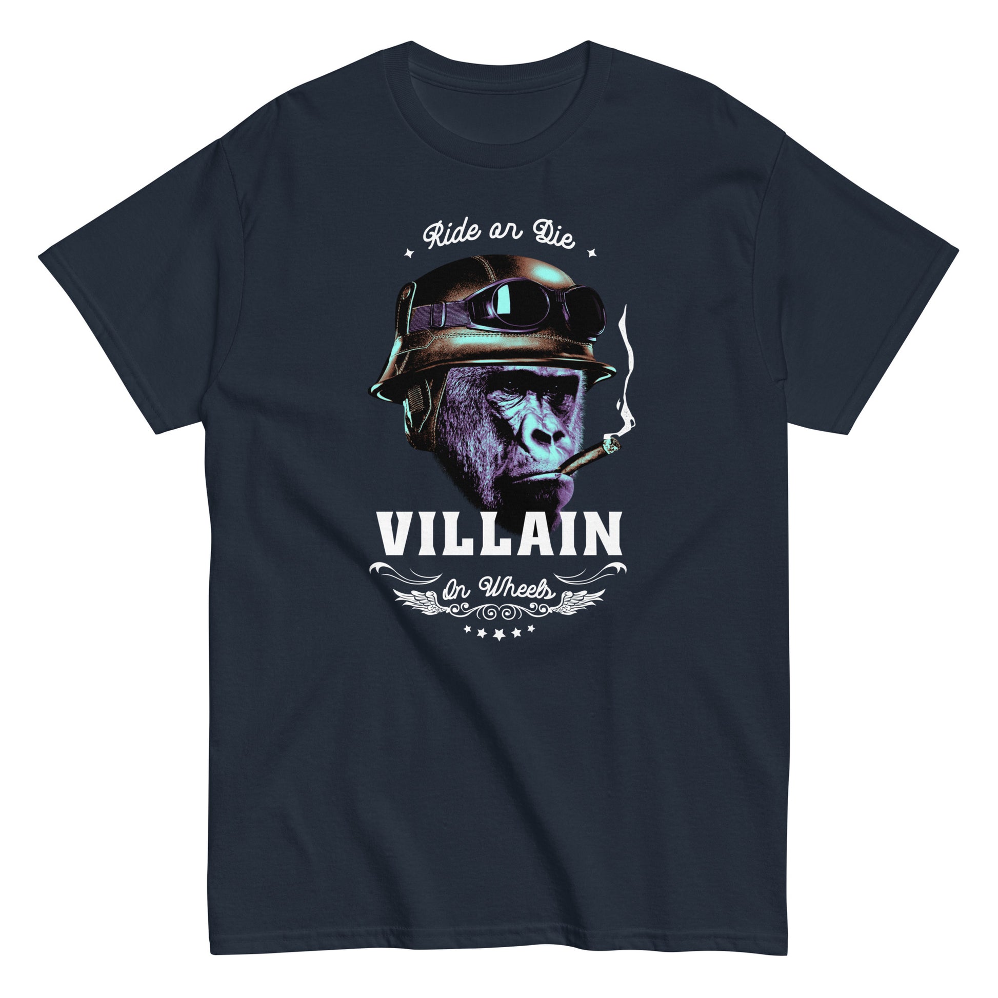 The Villain T-Shirt by FunnyDripStore features a gorilla in a helmet and goggles, smoking a cigarette, with Ride or Die above and Villain on Wheels below. This bold black tee is perfect for fans of unique, funny clothing.