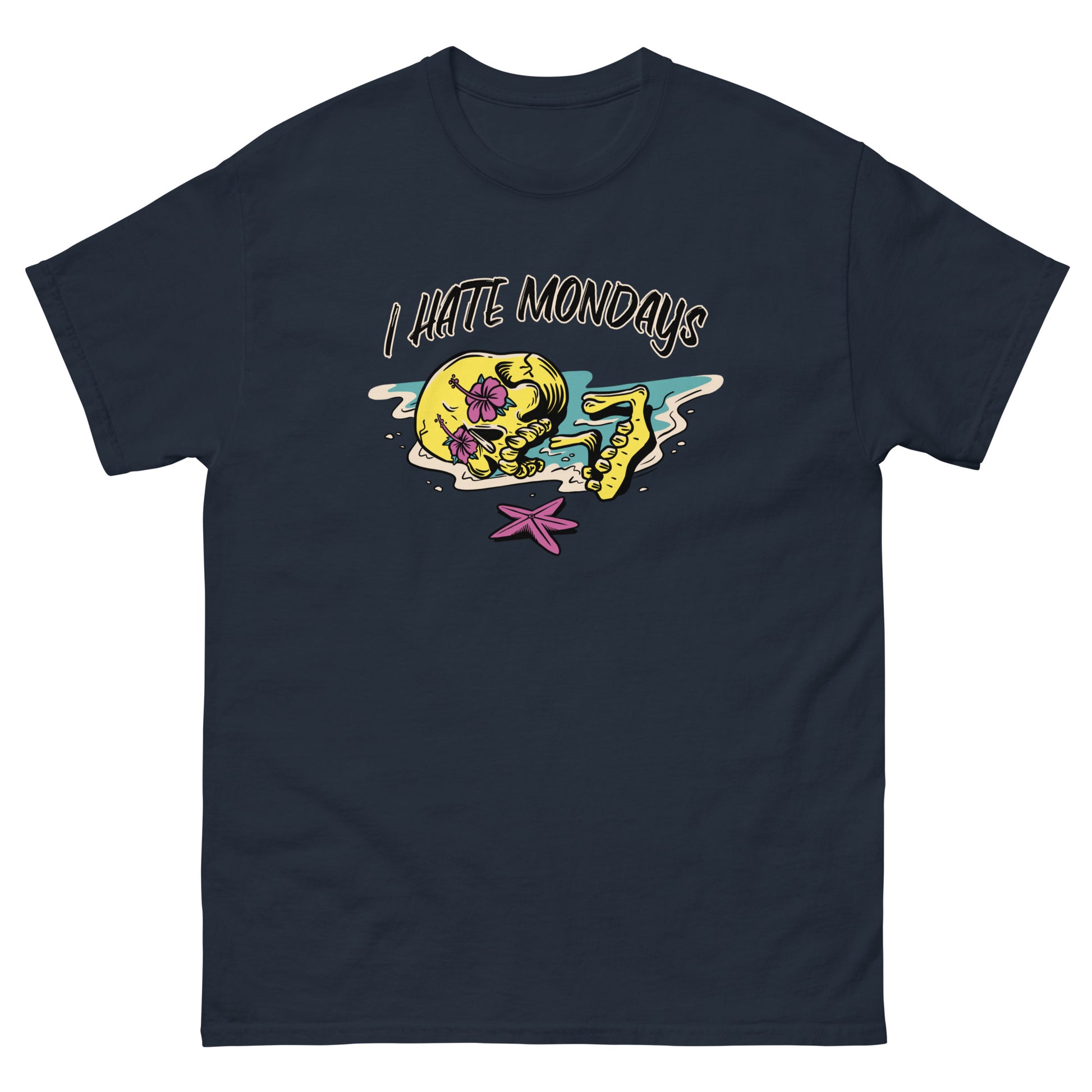 The FunnyDripStore I Hate Mondays T-Shirt in white features a cartoon skeleton lounging on the beach with sunglasses, drink, and starfish, plus bold I HATE MONDAYS text—a perfect funny merch gift.