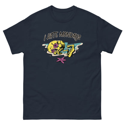 The FunnyDripStore I Hate Mondays T-Shirt in white features a cartoon skeleton lounging on the beach with sunglasses, drink, and starfish, plus bold I HATE MONDAYS text—a perfect funny merch gift.