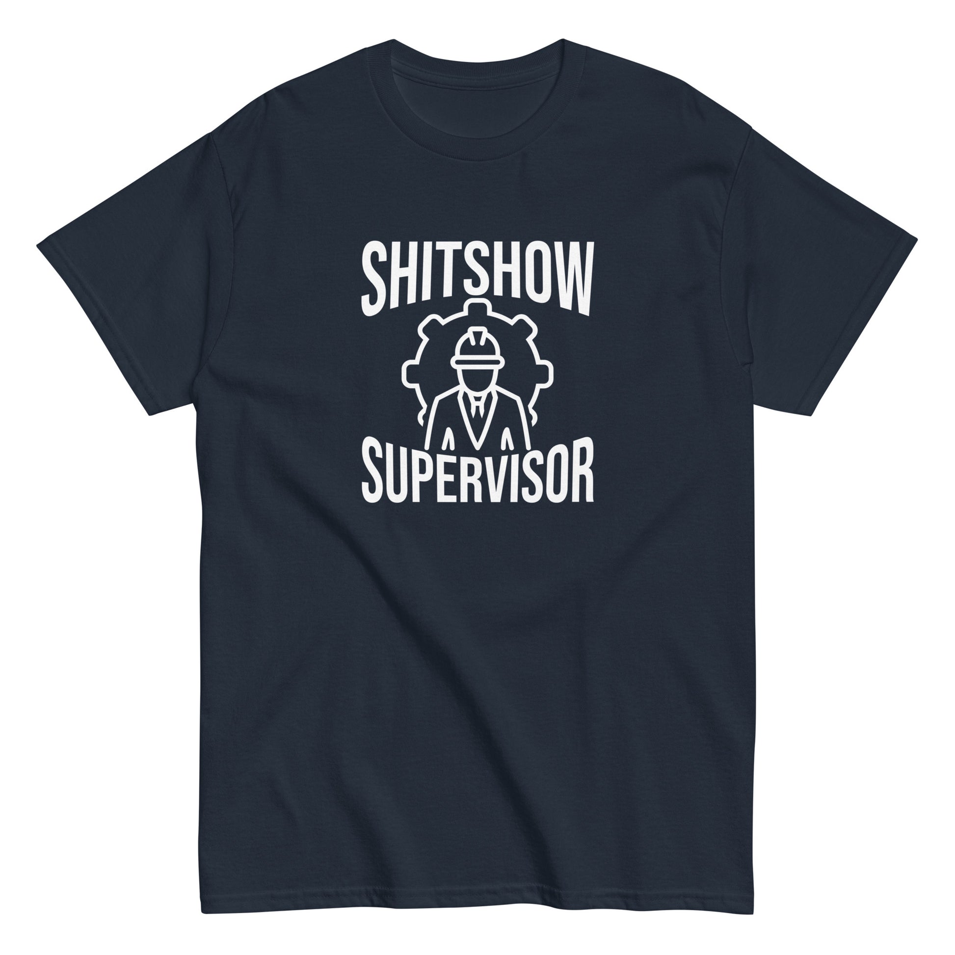 The Shitshow Supervisor T-Shirt by FunnyDripStore features “SHITSHOW SUPERVISOR” in white and a supervisor line drawing—perfect funny merch for meme lovers seeking humor tees.