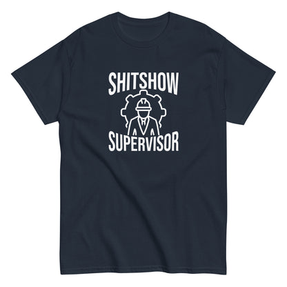 The Shitshow Supervisor T-Shirt by FunnyDripStore features “SHITSHOW SUPERVISOR” in white and a supervisor line drawing—perfect funny merch for meme lovers seeking humor tees.