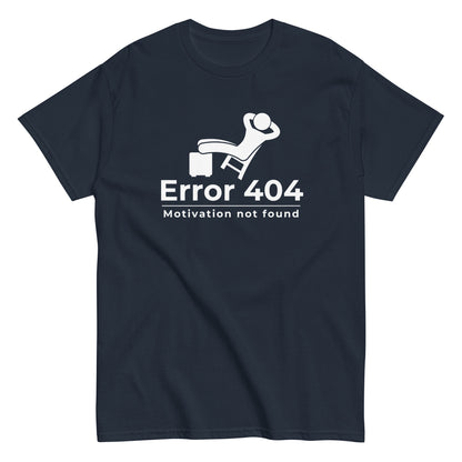The FunnyDripStore Error 404 T-Shirt in black features a graphic of a relaxed person and the “Motivation not found” caption—perfect for showing off your laid-back mood with humor.