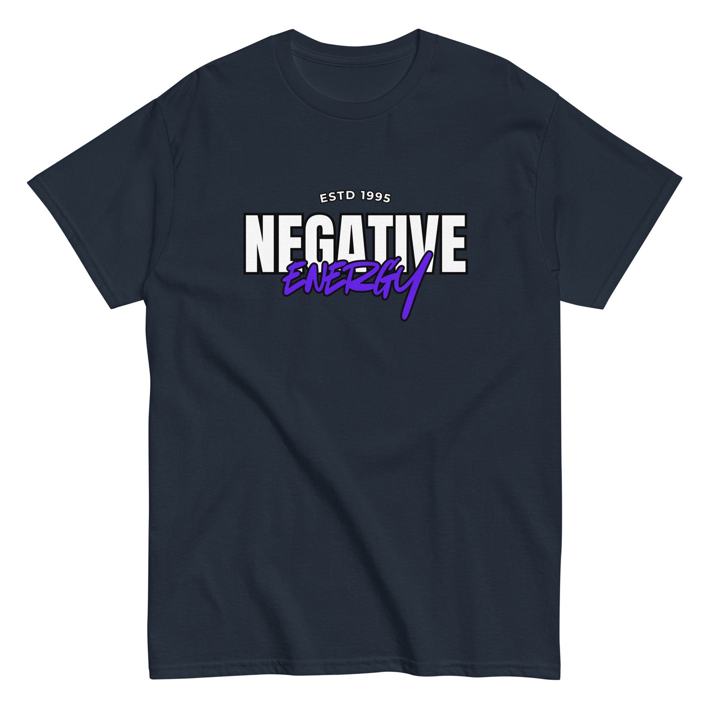 The Negative Energy T-Shirt by FunnyDripStore is a white tee featuring bold black and purple ESTD 1996 NEGATIVE ENERGY lettering—perfect for fans of witty, playful merch.