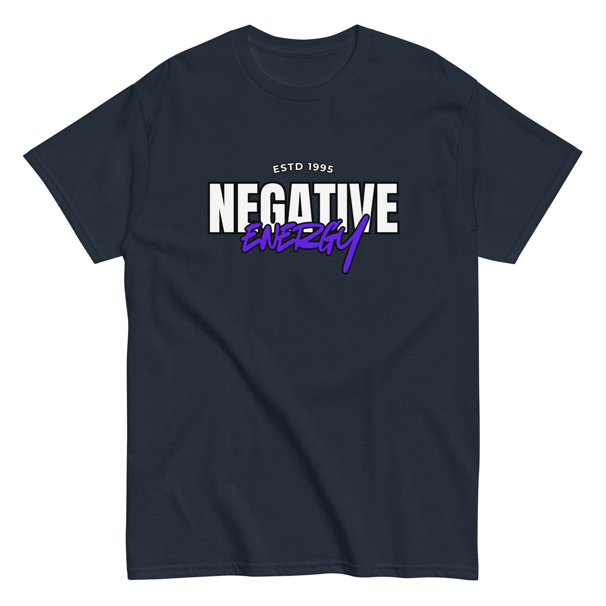 The Negative Energy T-Shirt by FunnyDripStore is a white tee featuring bold black and purple ESTD 1996 NEGATIVE ENERGY lettering—perfect for fans of witty, playful merch.