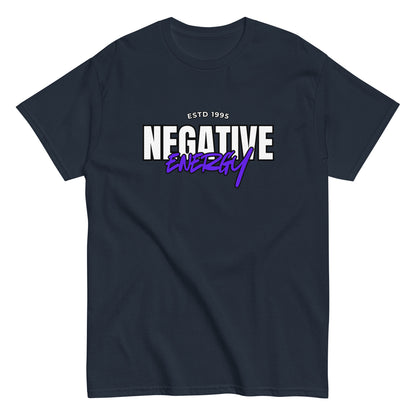 The Negative Energy T-Shirt by FunnyDripStore is a white tee featuring bold black and purple ESTD 1996 NEGATIVE ENERGY lettering—perfect for fans of witty, playful merch.