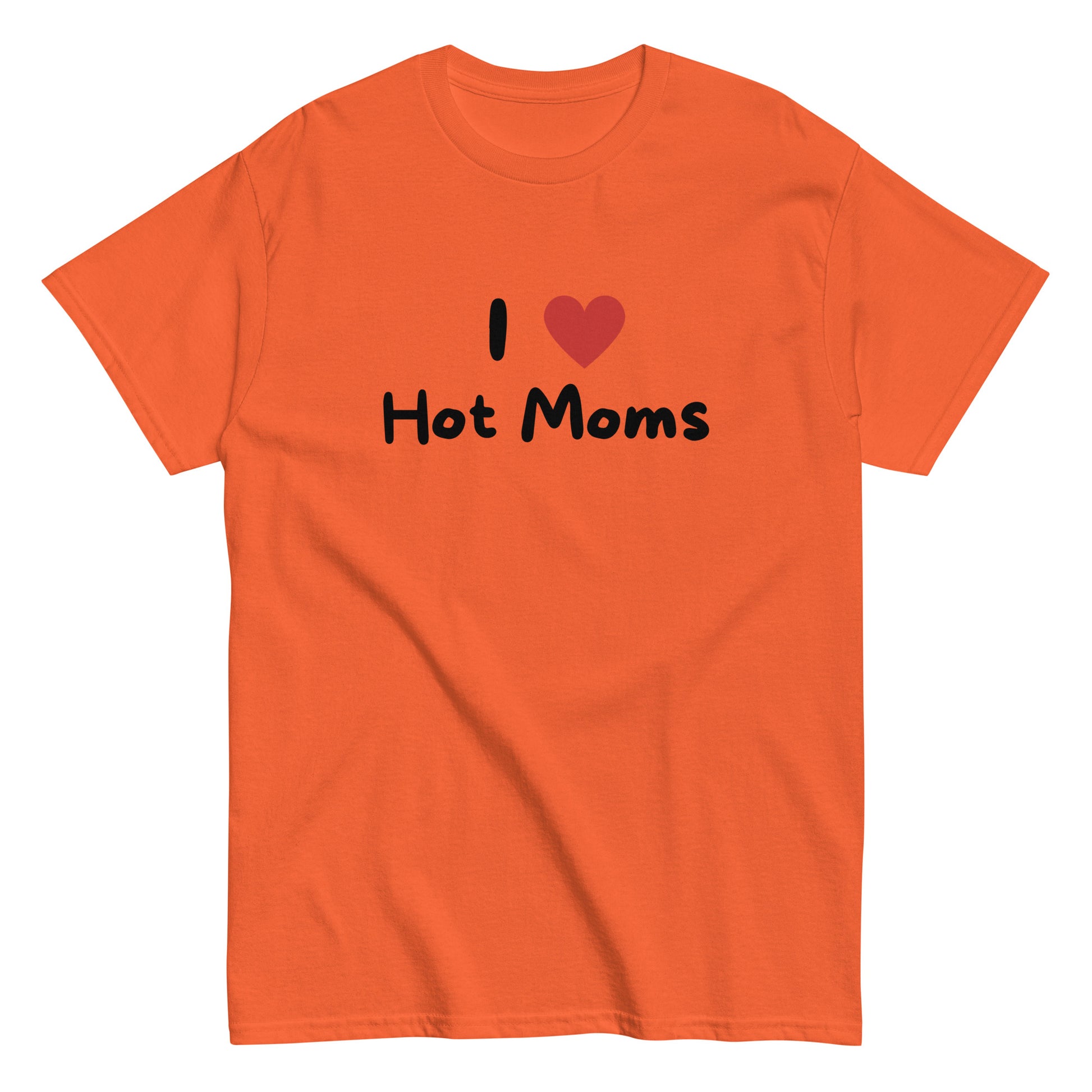 The I Love Hot Moms T-Shirt by FunnyDripStore is a purple tee featuring I [heart] Hot Moms in white text with a red heart—a playful, funny shirt perfect for your collection.