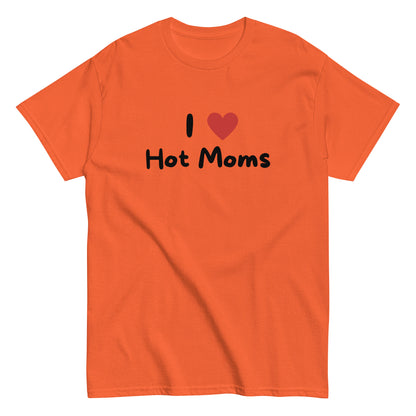 The I Love Hot Moms T-Shirt by FunnyDripStore is a purple tee featuring I [heart] Hot Moms in white text with a red heart—a playful, funny shirt perfect for your collection.