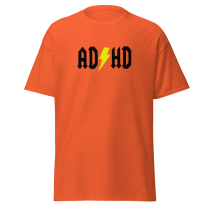 The ADHD T-Shirt by FunnyDripStore features ADHD in bold white letters with a yellow lightning bolt as the second H, styled like the AC/DC logo—a great gift for anyone who loves funny graphic tees.
