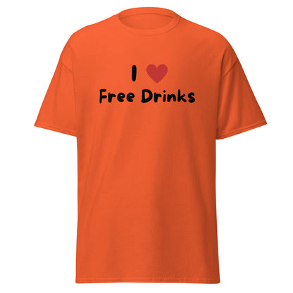 The I Love Free Drinks T-Shirt by FunnyDripStore features “I ❤️ Free Drinks” printed in black and red—an eye-catching, witty shirt perfect for fans of funny clothing.