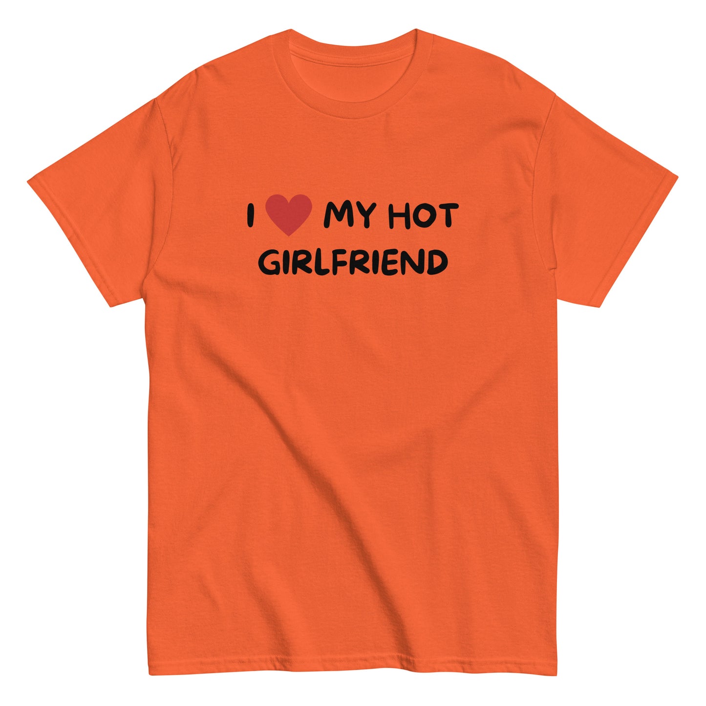 The I Love My Hot Girlfriend T-Shirt by FunnyDripStore features bold white lettering and a red heart on a purple shirt—a fun, standout choice for anyone who loves quirky and eye-catching clothing.